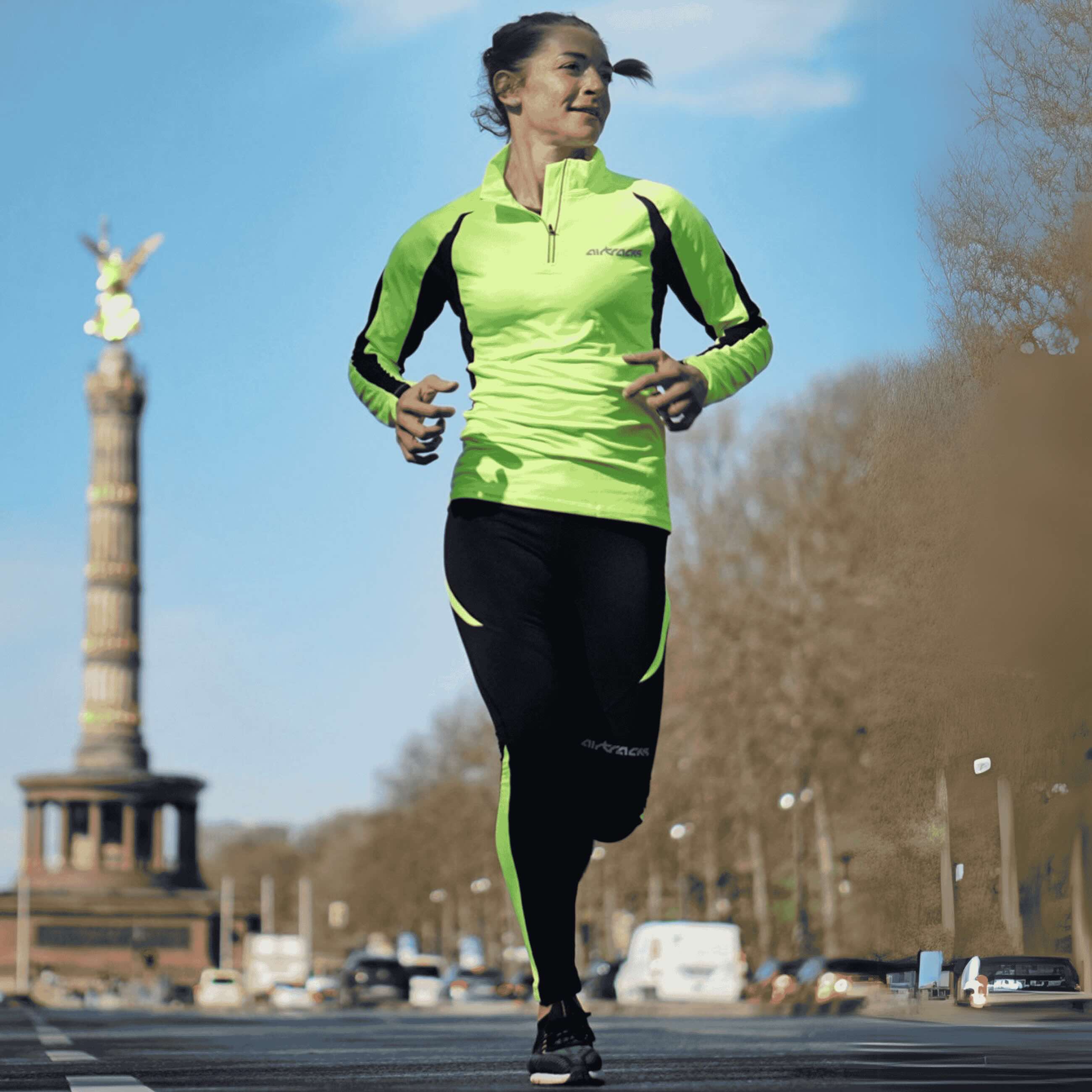 AirTracks Women Winter Functionele hardloopset Thermische broek Long Pro + Thermo Running Shirt Lange Arm per - Black -Neon