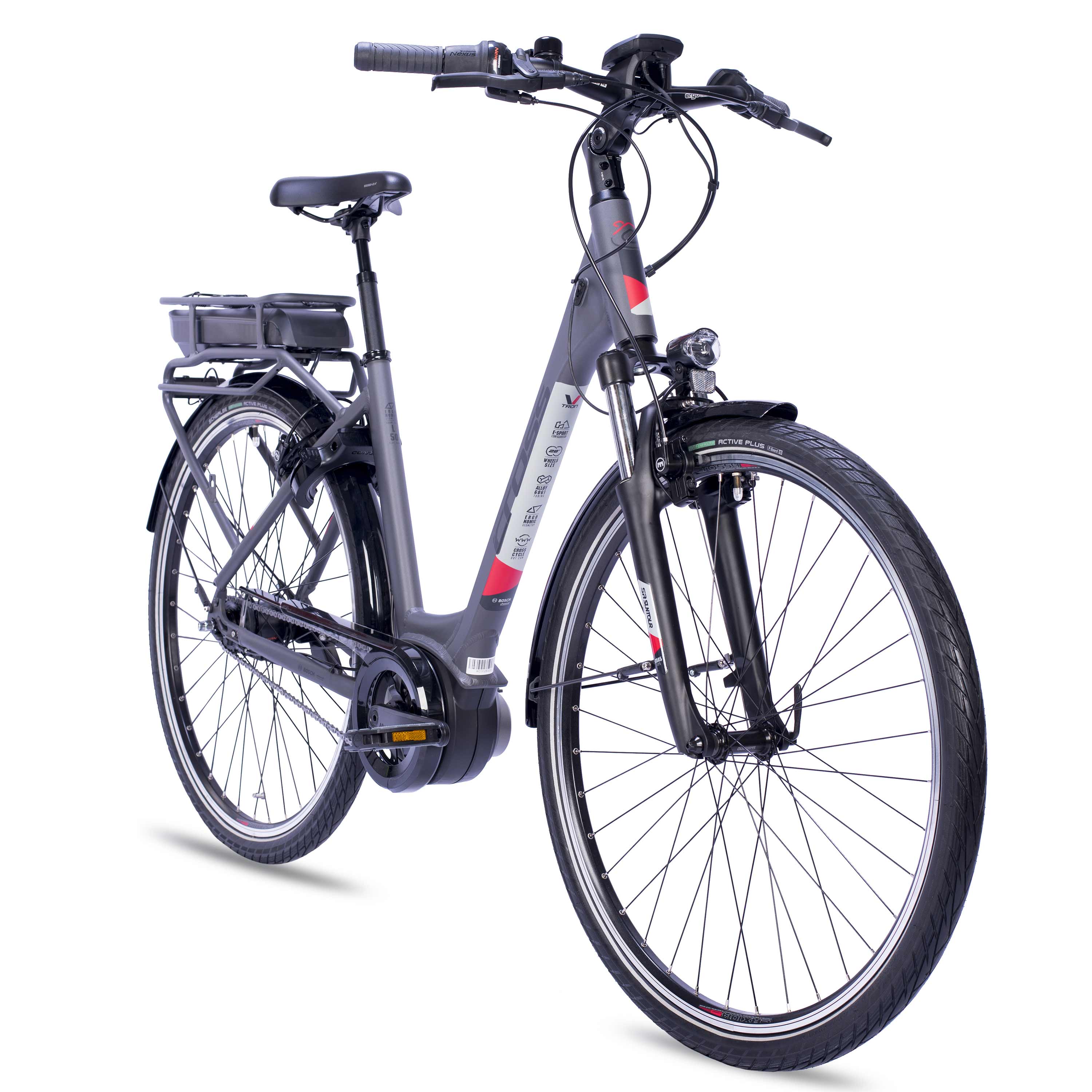 28" E-Bike City Bicycle V-Tron RACK BOSCH ACTIVE LINE PLUS 400 Wh 7 SPEED SHIMANO NEXUS REAR COASTER BRAKE