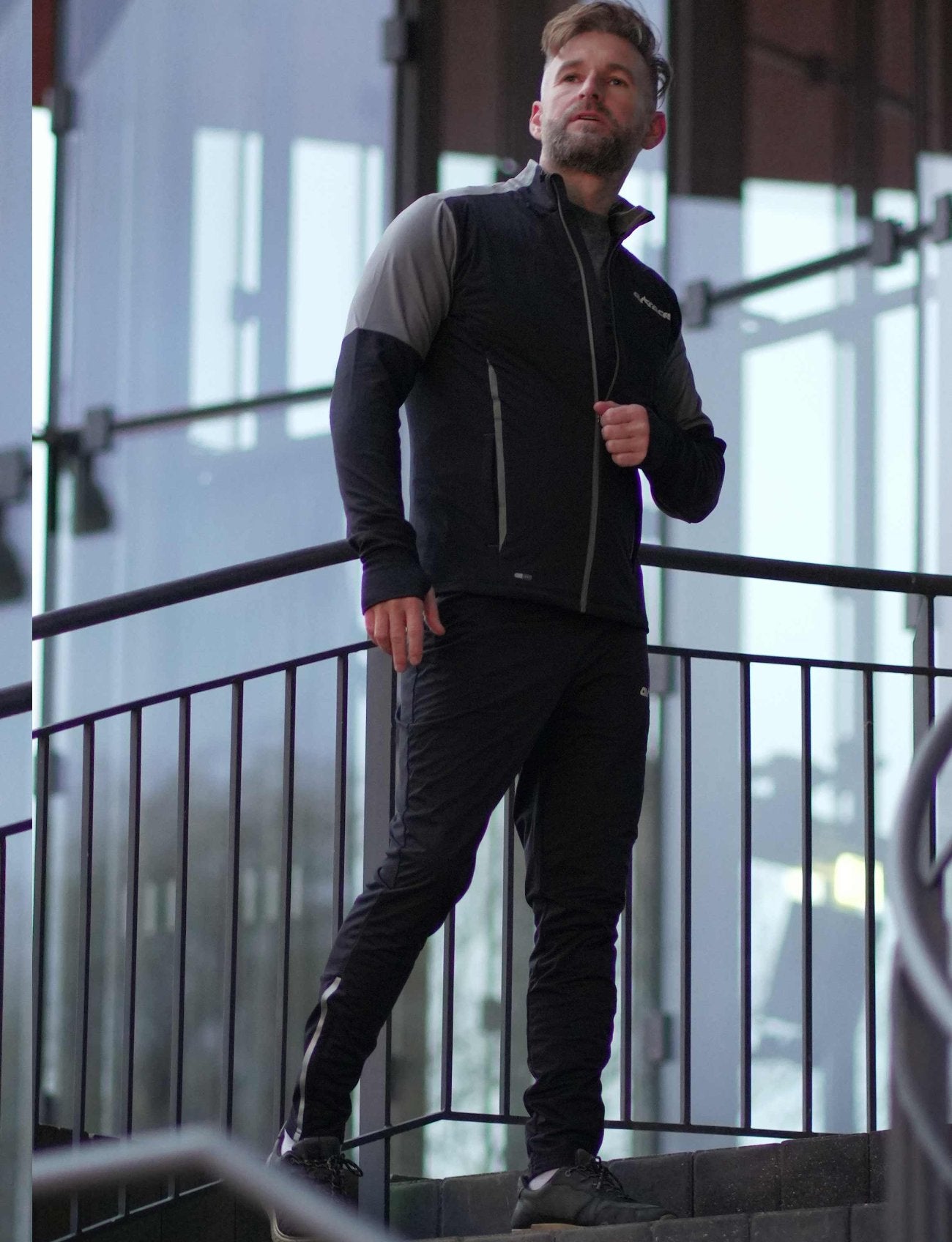 Herren Winter Laufset Pro Line Laufshirt + Laufhose Lang Schwarz Grau